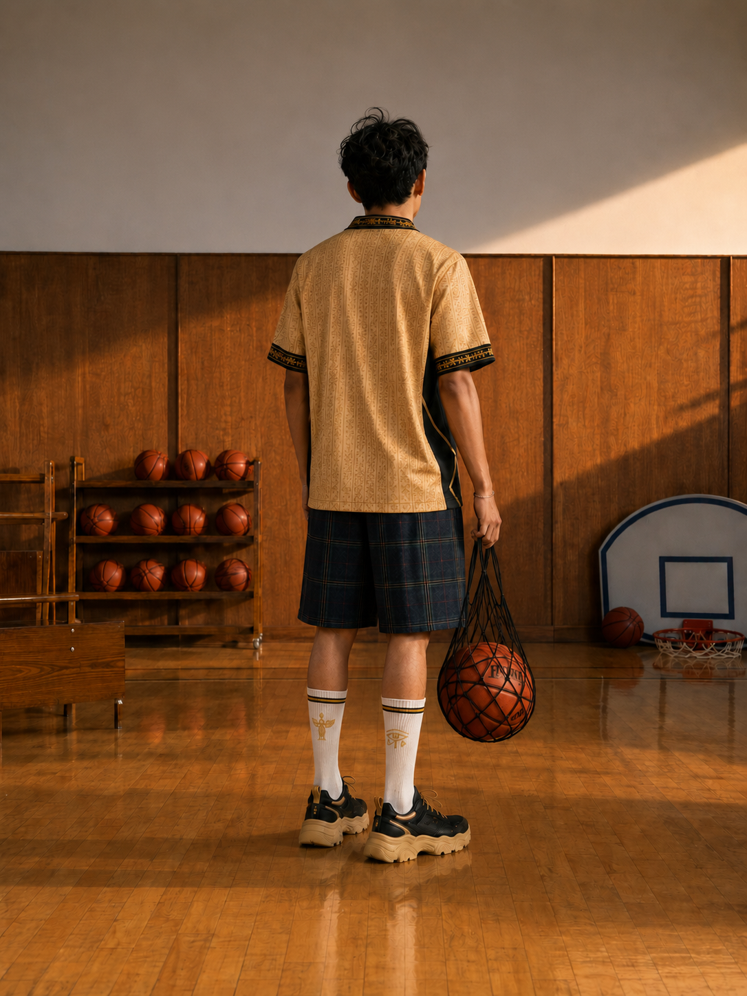 NAWK summer outfit photographed in a basketball gym